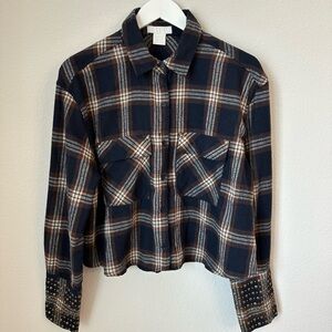 ☀️ LIFE Plaid Cropped Button-Up Flannel Shirt with Studded Cuffs